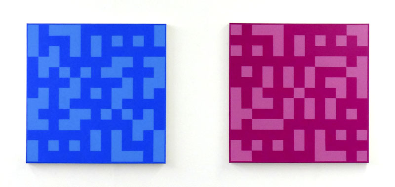 Philip Bradshaw, Crossword paintings, Installation view, ACW004 (BLUE) and ACW006 (PINK), 2013
